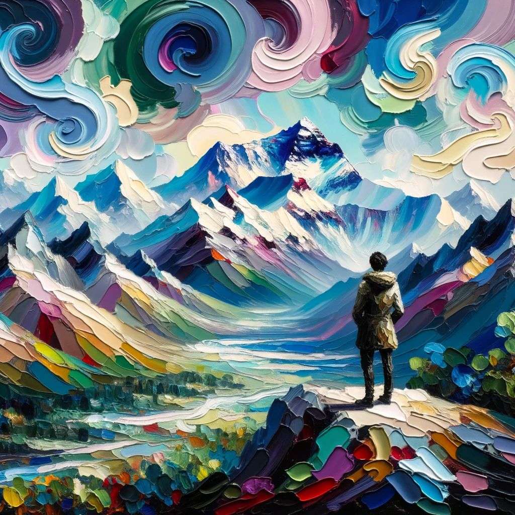 someone gazing at Mount Everest, painting, abstract style